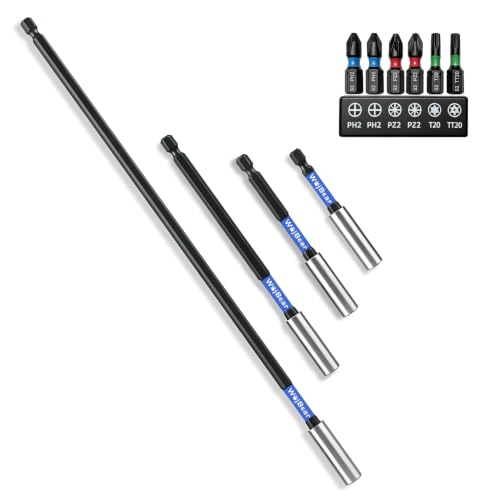 4 PCS Magnetic Extension Bit Holder Set, 3-12 inch, Drill Bit Holder for Impact Driver with 6 PCS Screwdriver Bits, 2*PZ2 2*PH2 T20 TT20 - size: 3\4\6\12 inch