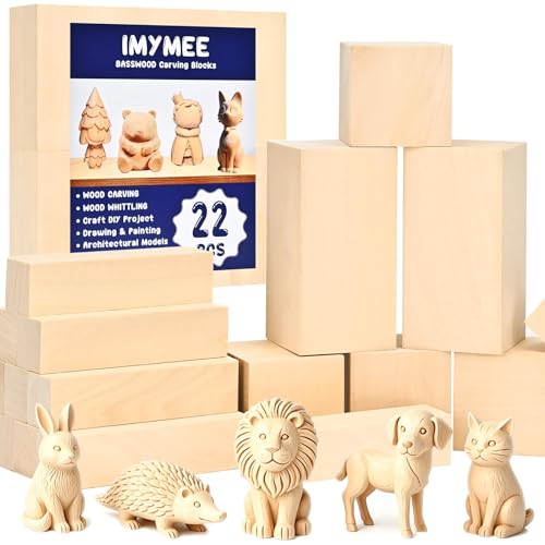 IMYMEE Basswood Carving Blocks-22PCS Whittling Wood Blocks Wood Carving Kit with 3 Different Sizes,Soft Basswood for Whittling, Easy to Use for Kids and Adults