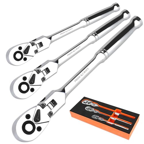 PRIDE&CRAFT 3pc Flex Head Ratchet Wrench Set, 1/4", 3/8", 1/2" Drive, 72-Tooth, Socket Wrench Quick Release Reversible Design, Chrome Alloy Made, EVA Organizer - style: 3pc Flex Head