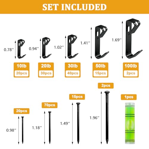 KURUI 214Pcs Picture Hanging Hooks, Renter Friendly Picture Hanging Kit with Heavy Duty Picture Hangers and Hardware Nails, for Frame, Painting, Art and Photo, on Drywall,Plaster, and Wood Wall - color: Black