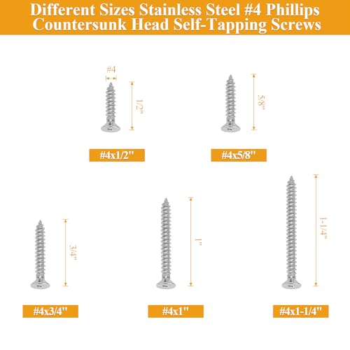 205 Pieces #4 x 1/2" 5/8" 3/4" 1" 1-1/4" Wood Screws Set, Phillips Countersunk Head #4 Self-Tapping Screws Assortment Kit, 304 Stainless Steel - size: #4, style: Phillips Countersunk Head