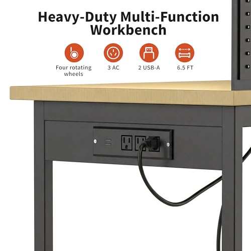 60" Adjustable Height Workbench,9-Level Heavy Duty Work Bench with Storage Shelf Pegboard LED Light & Built-in Power Strip, 2010 lbs Load Capacity Rolling Tool Bench for Garage Workshop