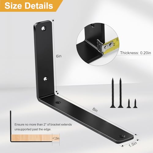 4 Pack - L 8" x H 6" x W1.5, 5mm Thick Black L Shelf Bracket, Iron Shelf Brackets, Metal Shelf Brackets, Floating Shelf, Shelf Supports with Screws - size: 8''x6'', style: Black 4 Pack