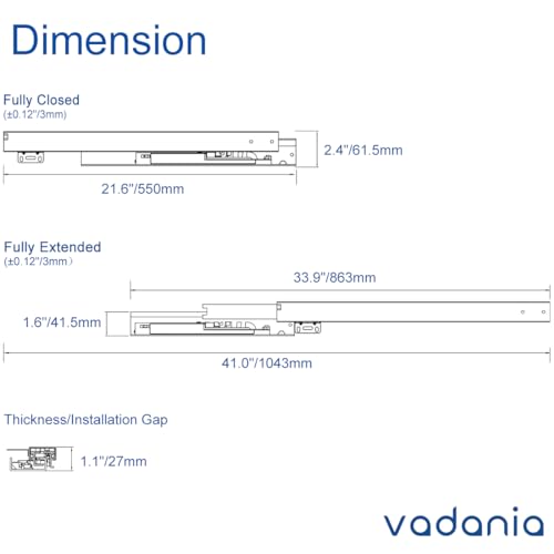 VADANIA #BF54 22" Undermount Drawer Slide, Push to Open - size: 22 Inch, style: Push to Open