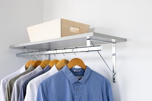 Custom Cut-to-Size Premium Wall-Mounted Shelf with Rod and Bracket Kit. 3/4" Thick Shelves, 14 inches deep. Customize the Length from 16" up to 72". - color: Grey - Chrome, size: 16 - 44