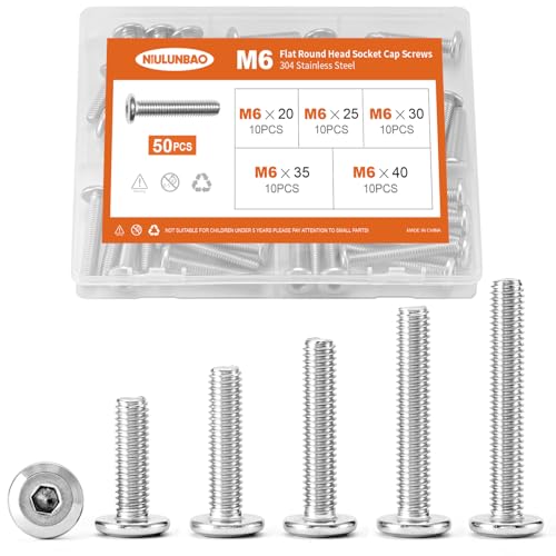 M6 x 20mm 25mm 30mm 35mm 40mm Flat Round Head Hex Socket Cap Screws Bolts, Furniture Screws, 304 Stainless Steel, Metric Fully Threaded, Allen Hex Drive, Bright Finish, Assortment Kit 50PCS - size: M6 x 20/25/30/35/40mm (50PCS)