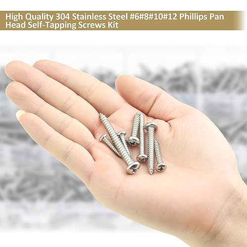 317 Pieces #6#8#10#12 Phillips Pan Head Self-Tapping Screws, Wood Screws Assortment Kit, 304 Stainless Steel - size: #6#8#10#12