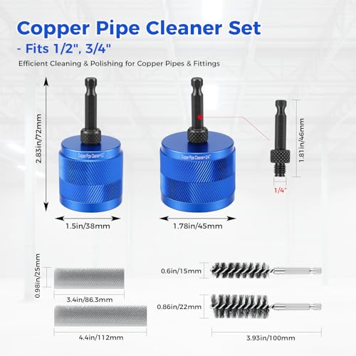 1/2" & 3/4" Copper Pipe Cleaner Set for Drill with 1/4" Hex Shank & 2 Pipe Cleaning Brushes & 6 Exchange Blades 2 Copper Metal Pipe Cleaner Kit Plumbing Tools for Rust Stains Paint - size: 1/2" & 3/4"