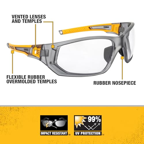 DEWALT DPG112-1D Miter™ Premium Vented No-Slip Safety Glasses – Clear Lens – Vented Frame & Lenses – Rubber Temples & Nosepiece – 1 Pair - color: Gray/Yellow / Clear, size: One Size