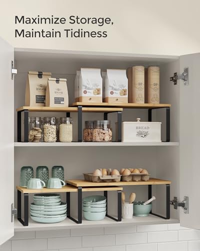SONGMICS Cabinet Organizer Shelf, Set of 2 Spice Rack, Kitchen Storage - color: Ink Black + Natural Beige, size: 15.6"w