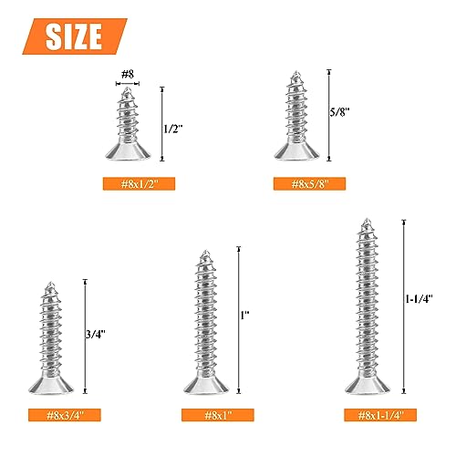 #8 x 1/2" 5/8" 3/4" 1" 1-1/4" Wood Screws Set, HELIFOUNER 140 Pieces Phillips Countersunk Head Self-Tapping Screws Assortment Kit, Phillips Flat Head Wood Screws, 304 Stainless Steel - size: #8