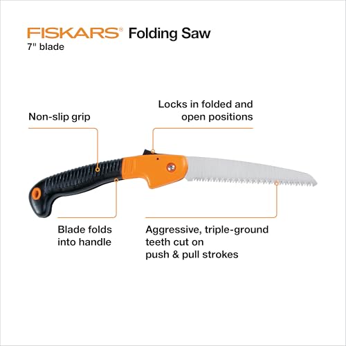 Fiskars Folding Hand Saw, 7" Pruning Saw with Power Tooth Blade with Triple Ground Teeth that Powers Through Wood Faster, Soft Grip Handle - style: 7" Folding Saw