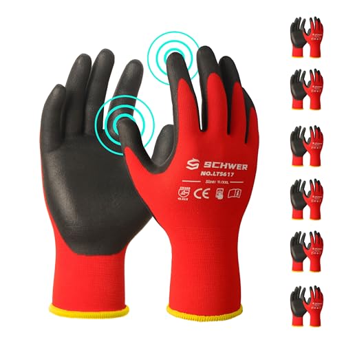 Schwer Ultra-Comfort Safety Work Gloves MicroFoam Nitrile Coated, Seamless Knit Nylon Glove for Men and Women, 6/12 Pairs, Abrasion Resistant, Non Slip, Breathable, LT5617, XXL - color: Red, size: XX-Large
