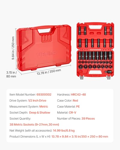 VEVOR 39-Piece Impact Socket Set 1/2" Drive, Metric (9 to 30 mm) Size, Deep & Shallow, 6-Point, CR-V, Universal Joint, Heavy Duty Carrying Case - size: 1/2" 39 PCS