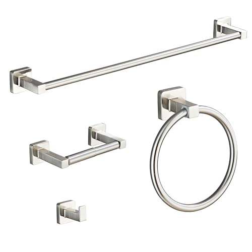 Brushed Nickel Bathroom Hardware Set 4 Pieces,Bathroom Accessories Set Stainless Steel Wall Mounted, Hand Towel Bar, Towel Ring, Robe Towel Hooks,Toilet Paper Holder,Towel Bar Set, 23.6 Inch - color: Brushed Nickel-4pcs, size: 23.6Inch