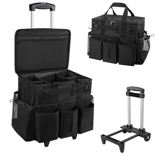 SCAVATA Rolling Cleaning Caddy Bag with Detachable Trolley, Large Cleaning Supplies Organizer with Wheels, Multi Pocket Cleaning Cart with Adjustable Shoulder Strap for Housekeepers & Home Use, Black - color: Black