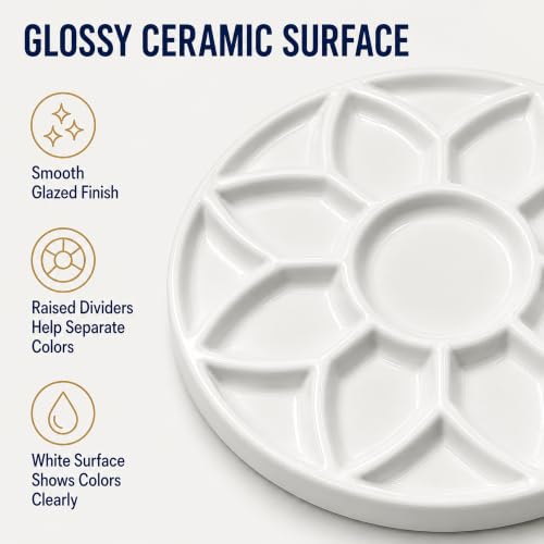7 Inch Ceramic Watercolor Palette, Round White Flower Paint Tray