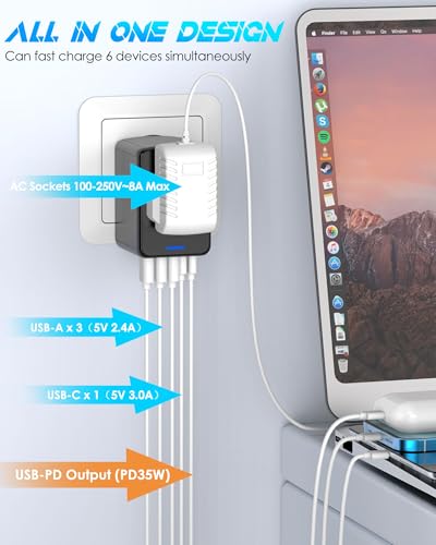 Universal Travel Adapter, 35W PD Fast Charging, 5 USB C/A Ports - color: PD35W-3A2C-black+silver