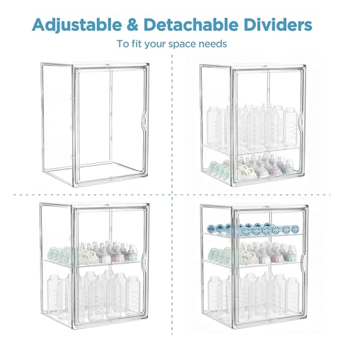 HBlife Baby Bottle Storage Organizer for Countertop Cabinet, 3 Tiers Adjustable Clear Acrylic Bottles Storage Station Case Box Container with 2 Removable Dividers and Magnetic Door, X-Large - size: X-Large, style: 3-Tier Single Door