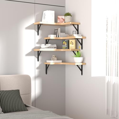 ROMGUAR CRAFT Corner Floating Shelves Wall Mounted Set of 4, Natural - color: Natural