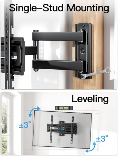 Pipishell Full Motion TV Wall Mount for Most 26-65 inch Flat & Curved TVs up to 77 lbs, Adjustable Bracket Height, Corner TV Mount with Single Articulating Arm, Max VESA 400x400mm, PIMF9 - style: Fits 26-65" TVs / Single Stud