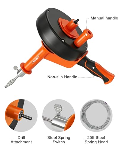 Drain Auger 25Ft, Drain Snake Auger Kit With Drill Adapter, Plumbing Snake Drain Hair Clog Removal Tool Set for Kitchen Bathroom Shower, Storage Bag and Gloves