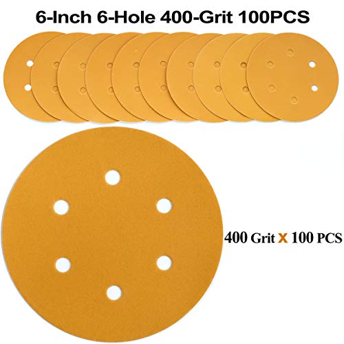 6-Inch 6-Hole Hook and Loop Gold Sanding Discs 400-Grit, 100-Pack - style: 400 Grit