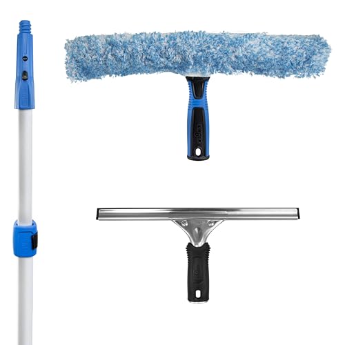 Unger Professional Connect and Clean Total Pro Cleaning Kit, All-in-One Household Window Washing with Streak-Free Results, Includes 12” Squeegee, 14” Scrubber Washer, Telescopic Pole Extends Up to 6’