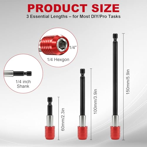 3-Piece Magnetic Drill Bit Extension Set, 1/4 Inch Hex Shank