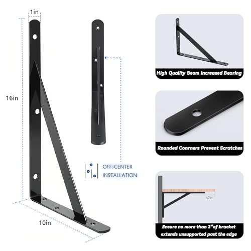 4 Pack L16 x H 10" Heavy Duty Shelf Brackets with Screws Open Floating Shelving Bracket L Brackets Black Metal Shelf Brackets for Shelves, Room, Pantry,Garage - size: L 16" x H 10" x W 1", style: 4 Pack-Black