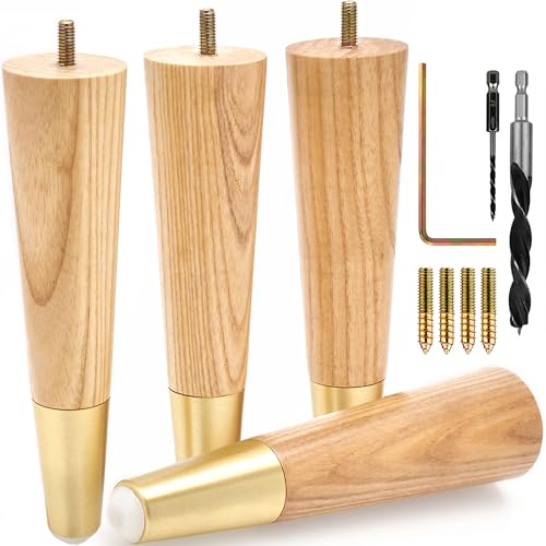 Airy Abode Premium Ash Wood Furniture Legs with Gold Caps (Full Install Kit) - Pick Your Size and Color - color: Ash / Gold, size: 8 Inches