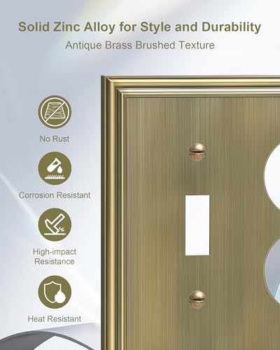 2-Pack Zinc Alloy Combo Toggle/Duplex Light Switch Cover Plate - color: Antique Brass, size: 1 Toggle/1 Duplex 2PK