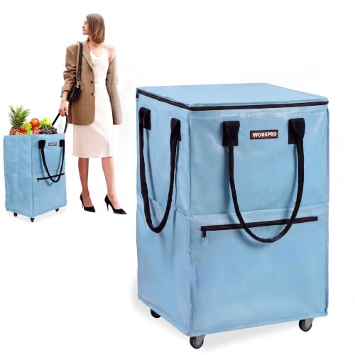 WORKPRO Large Rolling Grocery Bag, 36-Gallon Rolling Tote with 5 Wheels - color: Dusty Blue, size: Large