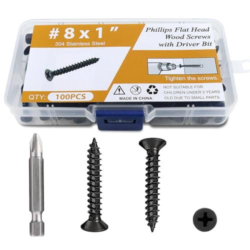 100PCS #8 x 1 Black Wood Screws, Flat Head Stainless Steel Sheet Metal Screws, Fast Self Tapping Screws for Deck Drywall Concrete Screws with Screwdriver Bit - style: Black #8X1" Flat Head 100PCS