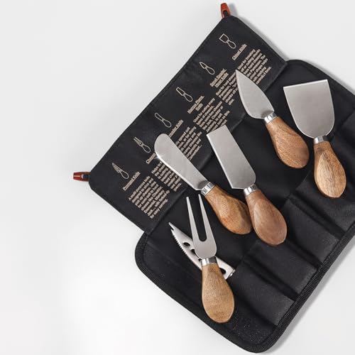 Stainless Steel Cheese Knife Set with Wood Handle, 6 Piece - color: Natural Wood Handle