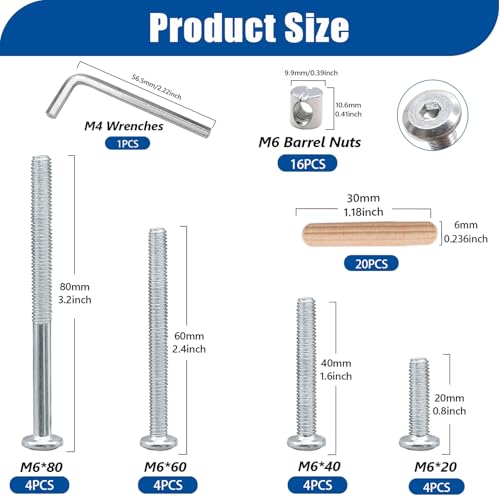 Taiss 16 Set Crib Screws M6x20mm/40mm/60mm/80mm Hex Socket Cap Screws Bolt,Barrel Nuts&Dowel Pins,Furniture Bolt,Baby Bed Crib Bolts Hardware Replacement Kit for Beds Furniture - color: 16 Set Silver