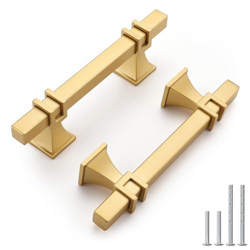 Haliwu 10 Pack Gold Cabinet Pulls, 3 inch Brushed Brass Kitchen Handles Square Dresser Drawer Hardware - color: Matte Gold, size: Hole Center Spacing：76mm (3 inch)