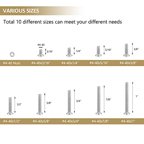 242 Pieces #4-40x 3/16", 1/4", 5/16", 3/8", 1/2", 5/8", 3/4", 7/8", 1", Phillips Pan Head Machine Screws Nuts Assortment Kit, 304 Stainless Steel, Fully Machine Thread - size: #4-40