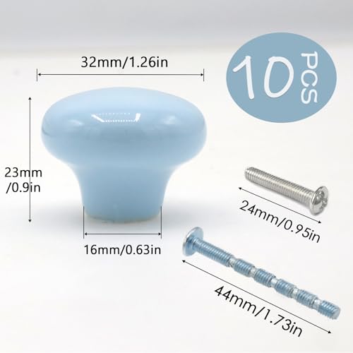 10-Pack Ceramic Cabinet Knobs Sky Blue 32mm Round Drawer Pull - color: Sky Blue