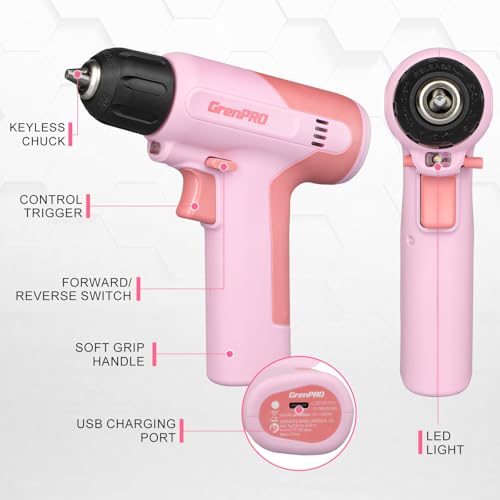 GRENPRO 7.2V Pink Cordless Drill Set for Women with 23-Piece Accessory Kit