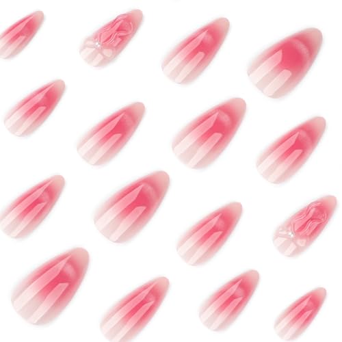 Mivota Soft Gel Press On Nails Almond Nude Pink Glitter, 3D Butterfly Glue On Nails, Reusable Fake Nails Acrylic Look, Luxury Press on Nails Kit 24PCS for Women Wedding Party - color: 3D-68 Pink Gradient Bowknot