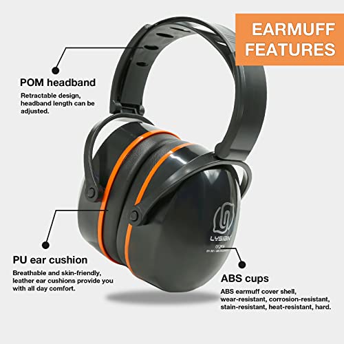 LYSIAN 31dB Hearing Protection Earmuffs, Foldable Adjustable Safety Ear Muffs for Shooting, Construction, Lawn Mowing, Adults - color: Orange Black