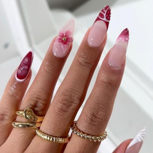 LPOODDNU 3D Flower Press on Nails Almond - Medium Red French Tip Fake Nails with Pearl Designs, Glossy Pink Finished Reusable False Nails with Adhesive Glue Tabs - 24Pcs Nail Kit for Women Manicure - color: red flower french tip