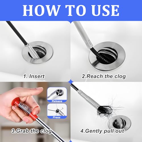 New Upgrade Snake Drain Hair Removal Tool Set, 24.2 Inch Toilet Snake, Hair Drain Clog Remover, Cleaning Brush, Use for Unclog Toilet, Sink, Bathroom Tub