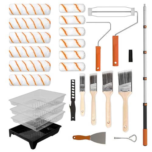 LAANPOLE Paint Roller Kit, 27 Piece Paint Supplies, 9"4" Paint Rollers, 1-4FT Extension Pole, Paint Brushes for Walls, Microfiber Roller Covers for Professional Painting, Orange