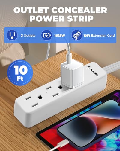 Saker Outlet Concealer, 10ft Flat Extension Cord, 3 Outlets, White - style: 10ft