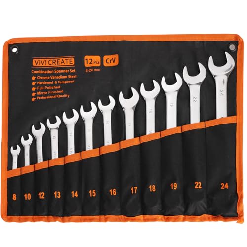 vivicreate 12-Piece Wrench Set, Metric Wrench Set 8mm-24mm, Combination Wrench Sets with Oxford Cloth Storage Bag for Home, Garage, Automotive Repair and Emergency Use - Made in India