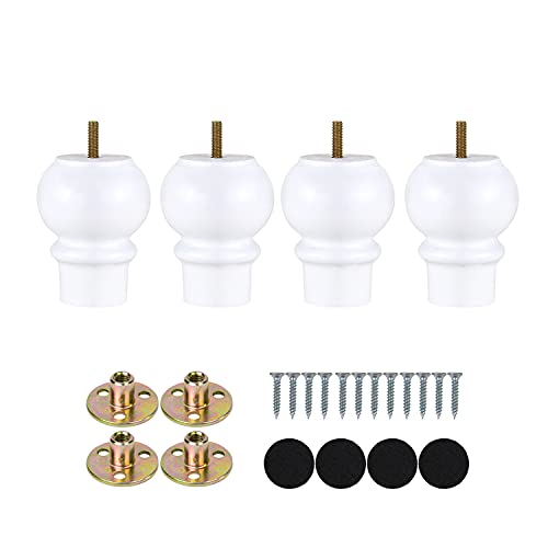 Maricome 4 Inch White Furniture Legs Set of 4 Wood Replacement Legs for Cabinet Dresser Ottoman M8 Bolt Pre-Installed - color: 4 Inch White