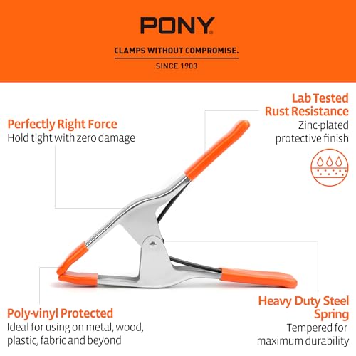 PONY 11-3/8" Heavy Duty Metal Spring Clamps with Protective Tips, 6-Piece | 4" Jaw Opening, Protective Handles and Tips, Metal Spring Clamps for Woodworking and DIY Projects - size: 11-3/8 Inch 6-Piece