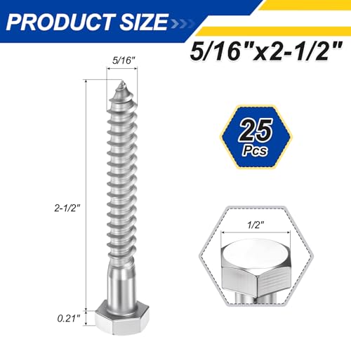 25 Pcs Hex Head Lag Screws 5/16" x2-1/2 SS 18-8 (304) Lag Bolts - color: Silver, size: 5/16"x2-1/2"